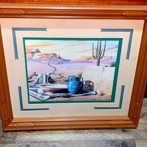Vintage 1980s Southwestern Vibe Framed Wall Art Cactus Aztec Western Desert Vibe